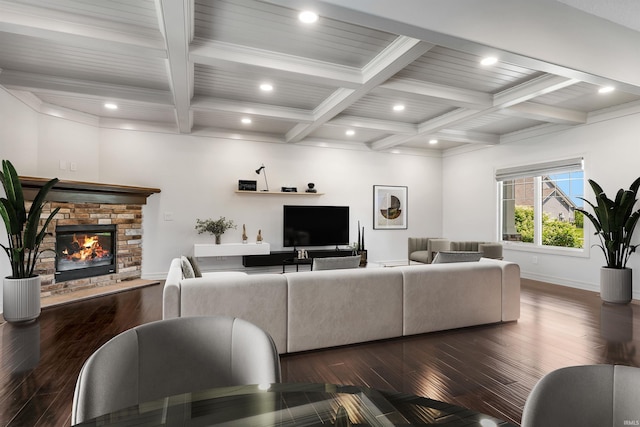 3032 Treviso Way, Fort Wayne, IN 46814 - living area featuring coffered ceiling, beam ceiling, dark wood-style floors, recessed lighting, and a fireplace