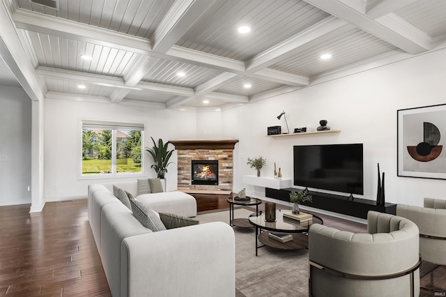 3032 Treviso Way, Fort Wayne, IN 46814 - living room with beam ceiling, wood finished floors, recessed lighting, coffered ceiling, and a glass covered fireplace
