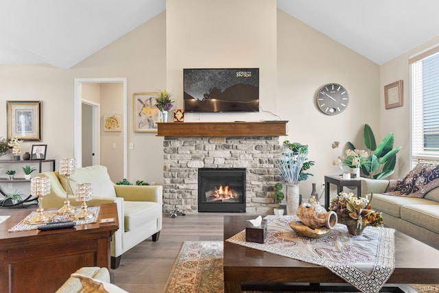 12116 Fazio Dr, Fort Wayne, IN 46818 - living area featuring high vaulted ceiling, wood finished floors, and a stone fireplace