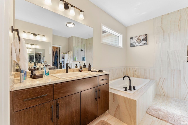 12116 Fazio Dr, Fort Wayne, IN 46818 - bathroom featuring vanity, a garden tub, tiled shower, and tile patterned flooring