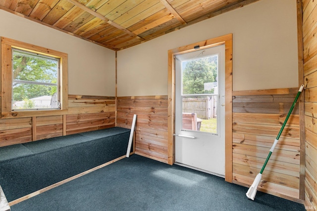 7201 Baer Rd, Fort Wayne, IN 46809 - unfurnished room featuring carpet floors, wood walls, plenty of natural light, wooden ceiling, and wainscoting