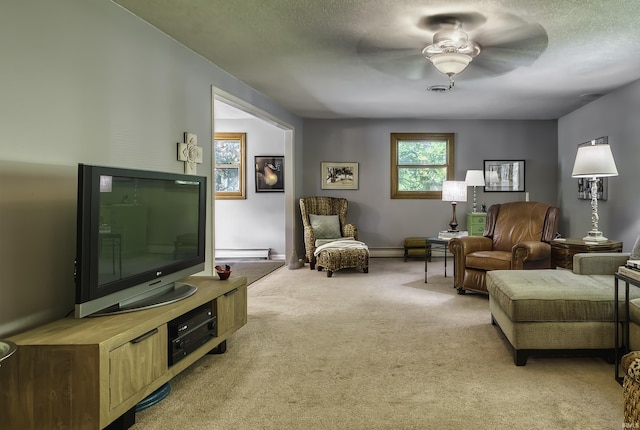 420 E Cedar Canyons Rd, Huntertown, IN 46748 - living room with a ceiling fan, light carpet, and a textured ceiling