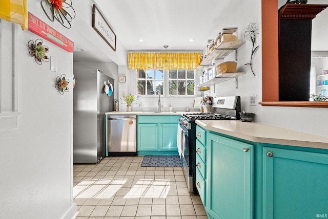 321 W Michigan St, New Carlisle, IN 46552 - kitchen featuring appliances with stainless steel finishes, open shelves, light tile patterned floors, light countertops, and recessed lighting