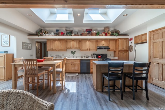 3836 W State Blvd, Fort Wayne, IN 46808 - kitchen with dishwashing machine, a skylight, stainless steel gas range, under cabinet range hood, and freestanding refrigerator