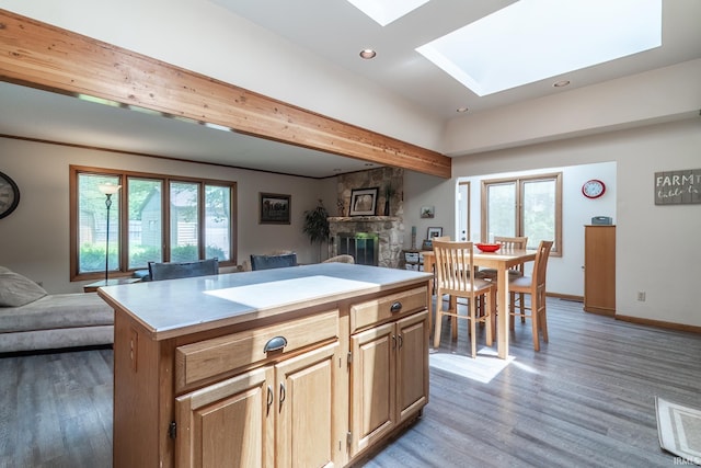 3836 W State Blvd, Fort Wayne, IN 46808 - kitchen featuring open floor plan, a fireplace, light wood-style flooring, a skylight, and light countertops