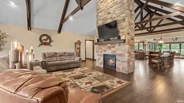 9345 Notestine Rd, Fort Wayne, IN 46835 - living area with a fireplace, high vaulted ceiling, hardwood / wood-style floors, and beamed ceiling