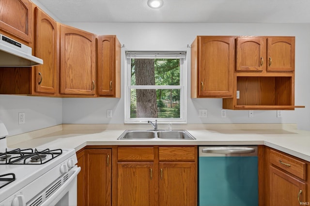 51613 Emmons Rd, South Bend, IN 46637 - kitchen with dishwasher, white gas range oven, under cabinet range hood, open shelves, and light countertops