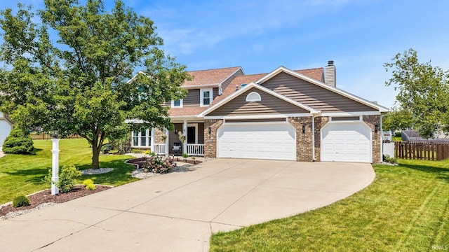 10729 Lone Tree Pl, Fort Wayne, IN 46818 - view of front of house with concrete driveway, a garage, a porch, brick siding, and a chimney