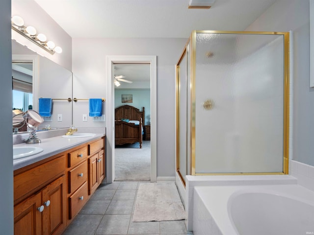 1106 Woodland Xing, Fort Wayne, IN 46825 - full bath featuring connected bathroom, a shower stall, a bath, double vanity, and a ceiling fan