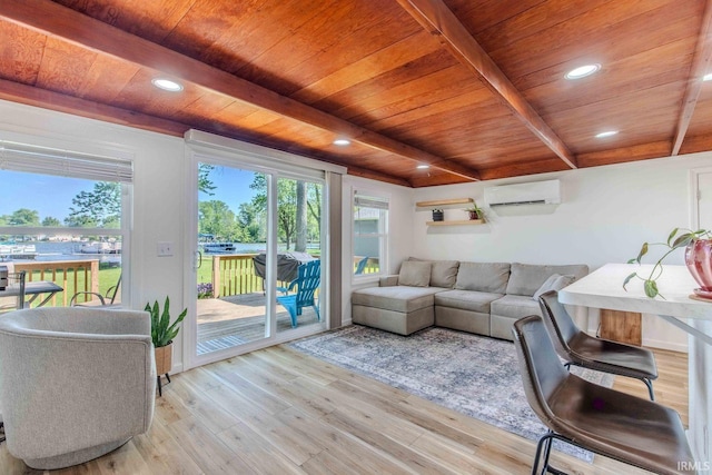 0175 Frantz Dr, Wawaka, IN 46794 - living area featuring a wooden ceiling with exposed beams, a wall mounted AC, light wood-type flooring, and recessed lighting