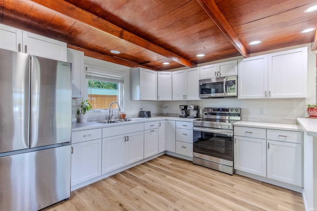 0175 Frantz Dr, Wawaka, IN 46794 - kitchen with stainless steel appliances, a wood ceiling with exposed beams, light countertops, light wood-style floors, and white cabinetry