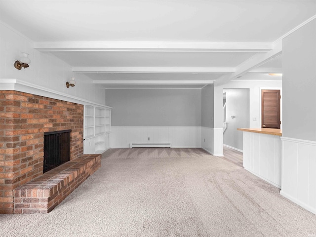 6506 Woodthrush Dr, Fort Wayne, IN 46835 - unfurnished living room with a baseboard heating unit, beamed ceiling, carpet floors, a wainscoted wall, and a fireplace