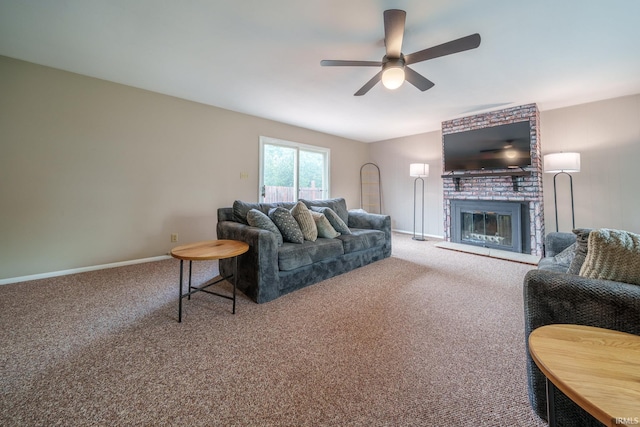 1712 Royal Center Pike, Logansport, IN 46947 - living area with a ceiling fan, carpet floors, and a brick fireplace