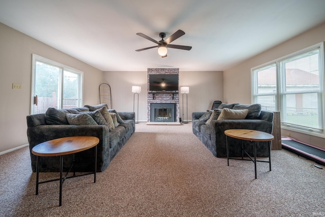 1712 Royal Center Pike, Logansport, IN 46947 - carpeted living room with a ceiling fan and a brick fireplace