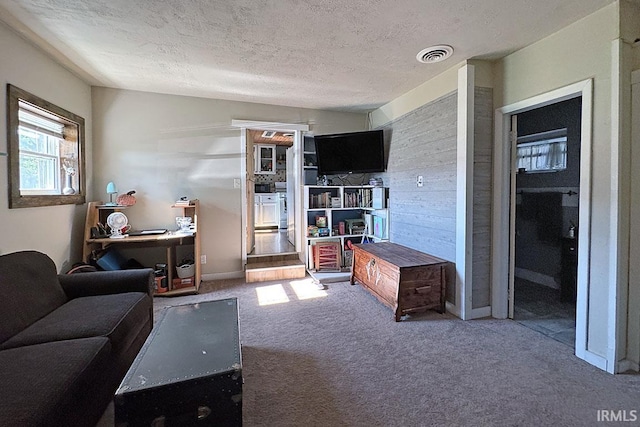 68615 County Road 23, New Paris, IN 46553 - carpeted living area with a textured ceiling and wooden walls