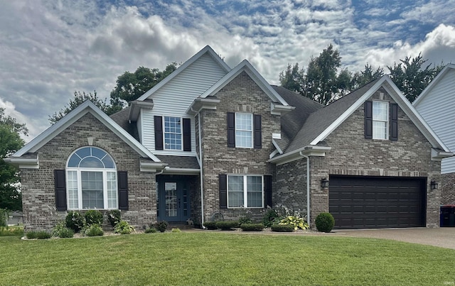 2939 Charlestown Ct, Evansville, IN 47725 - traditional home with driveway, a garage, brick siding, a front lawn, and roof with shingles