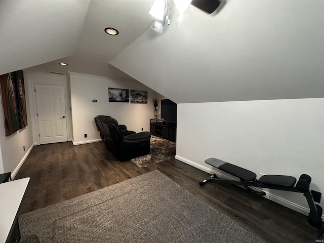 2939 Charlestown Ct, Evansville, IN 47725 - exercise area with wood finished floors, vaulted ceiling, a ceiling fan, and recessed lighting