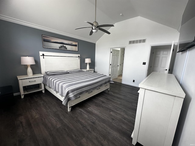 2939 Charlestown Ct, Evansville, IN 47725 - bedroom featuring lofted ceiling, dark wood-style flooring, a ceiling fan, and crown molding