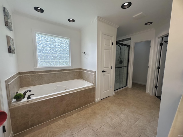 2939 Charlestown Ct, Evansville, IN 47725 - bathroom with a whirlpool tub, a shower stall, ornamental molding, and recessed lighting