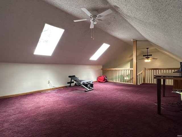 1701 Fairway Dr, Kokomo, IN 46901 - bonus room with a skylight, a ceiling fan, vaulted ceiling, carpet floors, and a textured ceiling