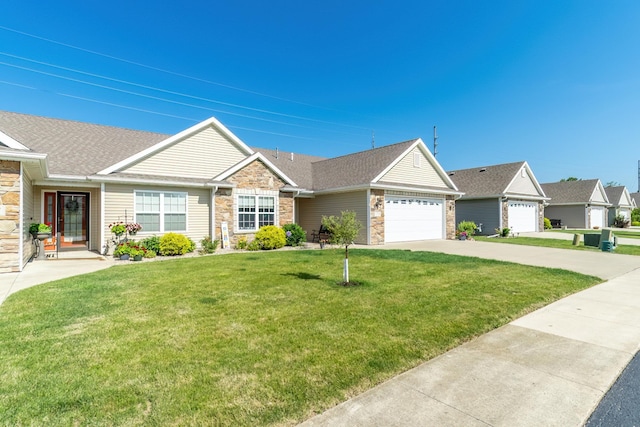 1709 Krebs Ct, Angola, IN 46703 - ranch-style home featuring stone siding, an attached garage, a front yard, and driveway