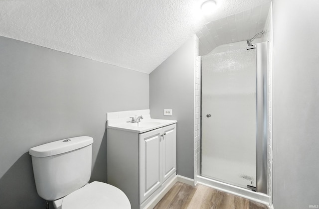 615 E Main St, Butler, IN 46721 - bathroom with a textured ceiling, wood finished floors, a shower stall, vanity, and lofted ceiling