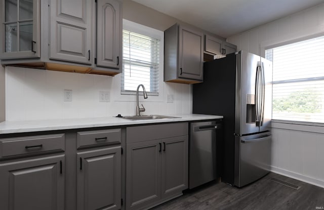 2114 S Branson St, Marion, IN 46953 - kitchen with gray cabinetry, appliances with stainless steel finishes, dark wood-type flooring, and light countertops