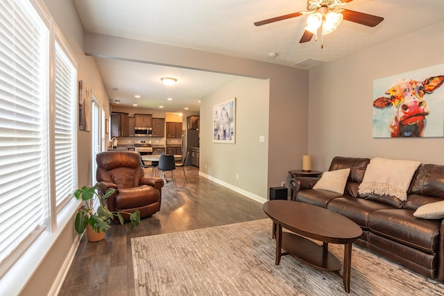3951 W Nimita Ct, Bloomington, IN 47404 - living area with dark wood-style floors, a ceiling fan, and recessed lighting