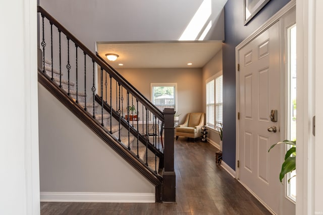 3951 W Nimita Ct, Bloomington, IN 47404 - foyer featuring dark wood finished floors, stairway, and recessed lighting