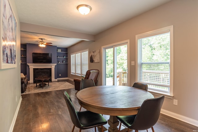3951 W Nimita Ct, Bloomington, IN 47404 - dining space featuring dark wood-style floors, plenty of natural light, a glass covered fireplace, and a ceiling fan
