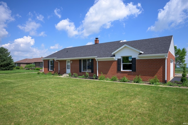 384 Chatham Ct, Union City, IN 47390 - ranch-style home with brick siding, a chimney, a front yard, a garage, and a shingled roof