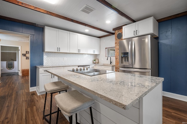 9462 W 1200 S 35, Marion, IN 46952 - kitchen with stainless steel fridge with ice dispenser, beam ceiling, black electric stovetop, dark wood-style flooring, and white cabinetry