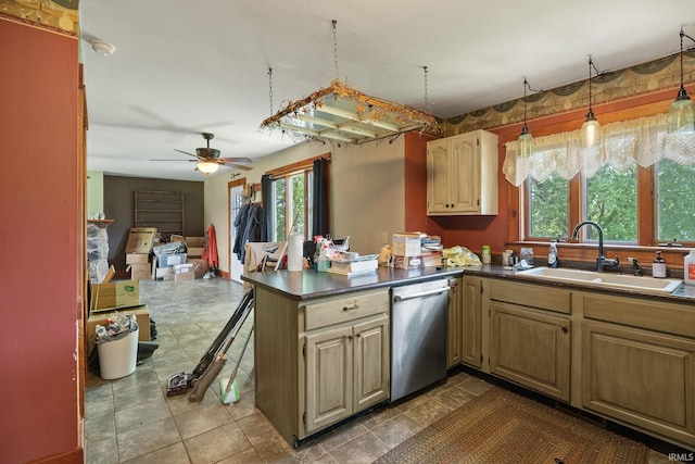 3192 N 150 W, Kokomo, IN 46901 - kitchen with dishwasher, a ceiling fan, dark countertops, a peninsula, and open floor plan