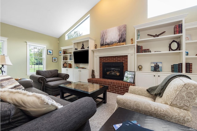 61705 Greentree Dr, South Bend, IN 46614 - living room with high vaulted ceiling and a brick fireplace