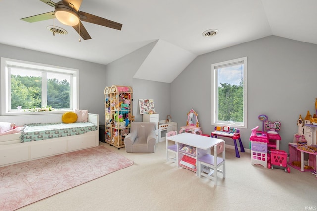 61705 Greentree Dr, South Bend, IN 46614 - rec room with healthy amount of natural light, lofted ceiling, carpet flooring, and a ceiling fan
