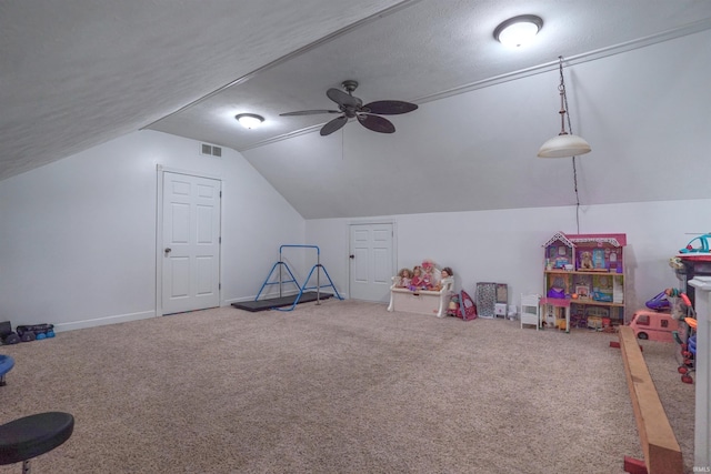 8558 E John Emery Rd, New Carlisle, IN 46552 - rec room featuring lofted ceiling, carpet flooring, and a ceiling fan
