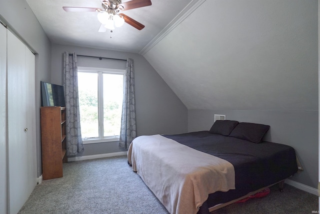 8558 E John Emery Rd, New Carlisle, IN 46552 - bedroom with carpet floors, vaulted ceiling, ceiling fan, and a closet