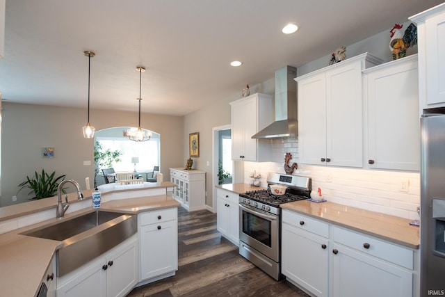 208 Aqueduct Cir, West Lafayette, IN 47906 - kitchen featuring stainless steel appliances, wall chimney exhaust hood, tasteful backsplash, white cabinets, and dark wood-style flooring