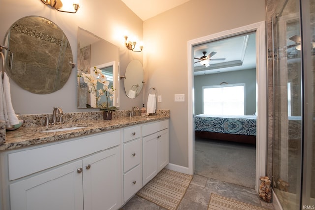 208 Aqueduct Cir, West Lafayette, IN 47906 - ensuite bathroom featuring double vanity, tiled shower, and ceiling fan