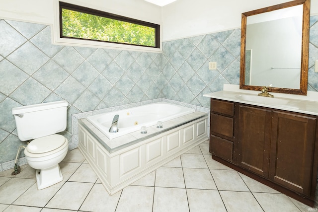 1121 W Grant St, Ellettsville, IN 47429 - full bathroom with a jetted tub, vanity, tile walls, and tile patterned floors