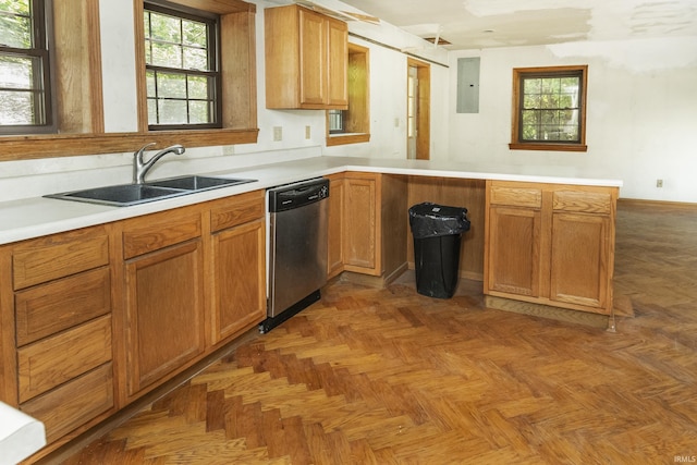 1121 W Grant St, Ellettsville, IN 47429 - kitchen with dishwasher, a peninsula, light countertops, brown cabinets, and electric panel