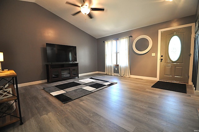 21573 Kern Rd, South Bend, IN 46614 - entrance foyer featuring ceiling fan, lofted ceiling, and wood finished floors