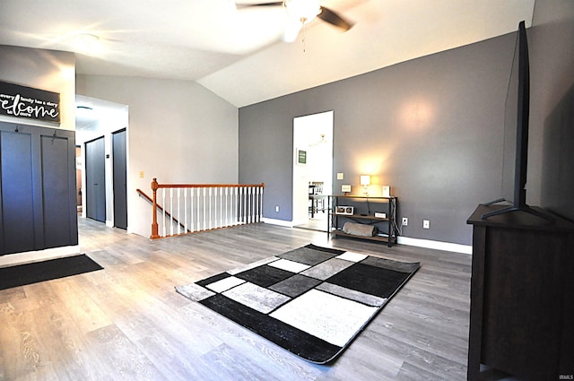 21573 Kern Rd, South Bend, IN 46614 - foyer with ceiling fan, lofted ceiling, and wood finished floors