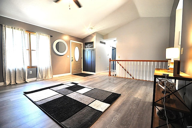 21573 Kern Rd, South Bend, IN 46614 - foyer with ceiling fan, wood finished floors, vaulted ceiling, and elevator