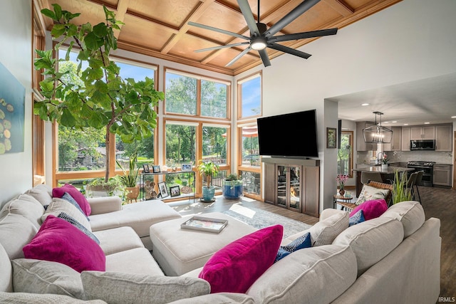 54454 Heron Cove Ln, Elkhart, IN 46516 - living room with dark wood finished floors, coffered ceiling, plenty of natural light, a ceiling fan, and recessed lighting