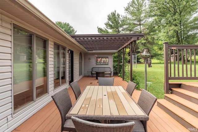 4365 N Maple Grove Rd, Bloomington, IN 47404 - wooden terrace featuring outdoor dining space and a yard