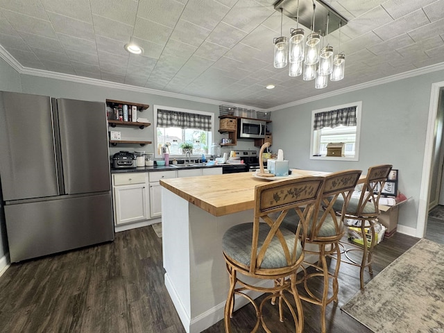 740 NW 3rd St, Linton, IN 47441 - kitchen featuring stainless steel appliances, open shelves, dark wood-style floors, butcher block counters, and ornamental molding
