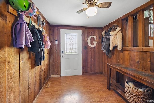 10227 E 500 S, Otterbein, IN 47970 - mudroom featuring wooden walls, light wood-style flooring, and ceiling fan