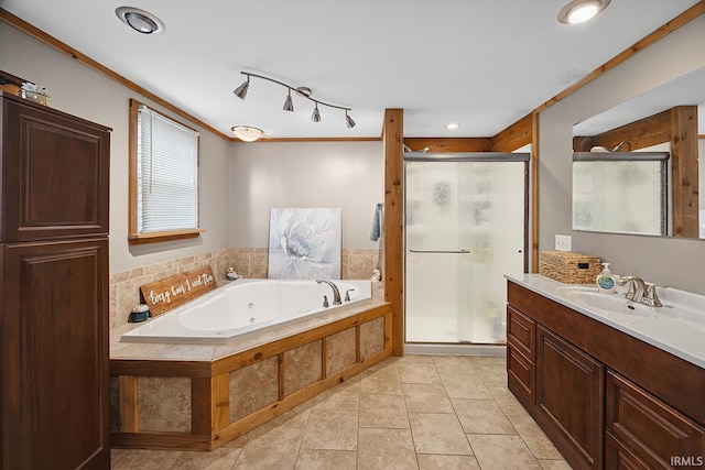 10227 E 500 S, Otterbein, IN 47970 - bathroom featuring vanity, a shower stall, a jetted tub, and tile patterned floors