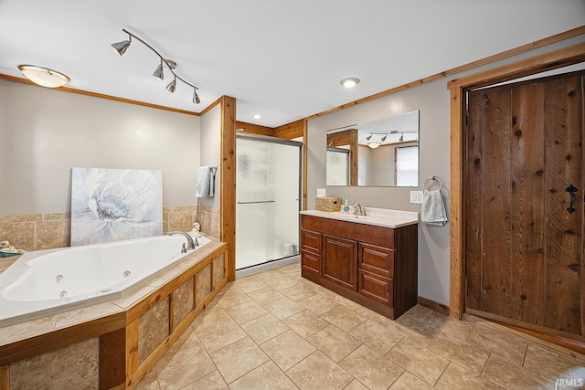 10227 E 500 S, Otterbein, IN 47970 - bathroom with a stall shower, vanity, a tub with jets, crown molding, and track lighting